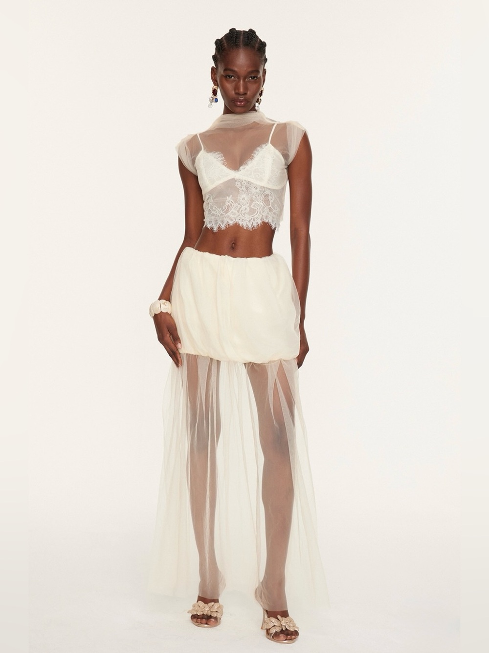 NWT Innovare Denim Esmat Mesh Lace Ruch Maxi Skirt White Cream S